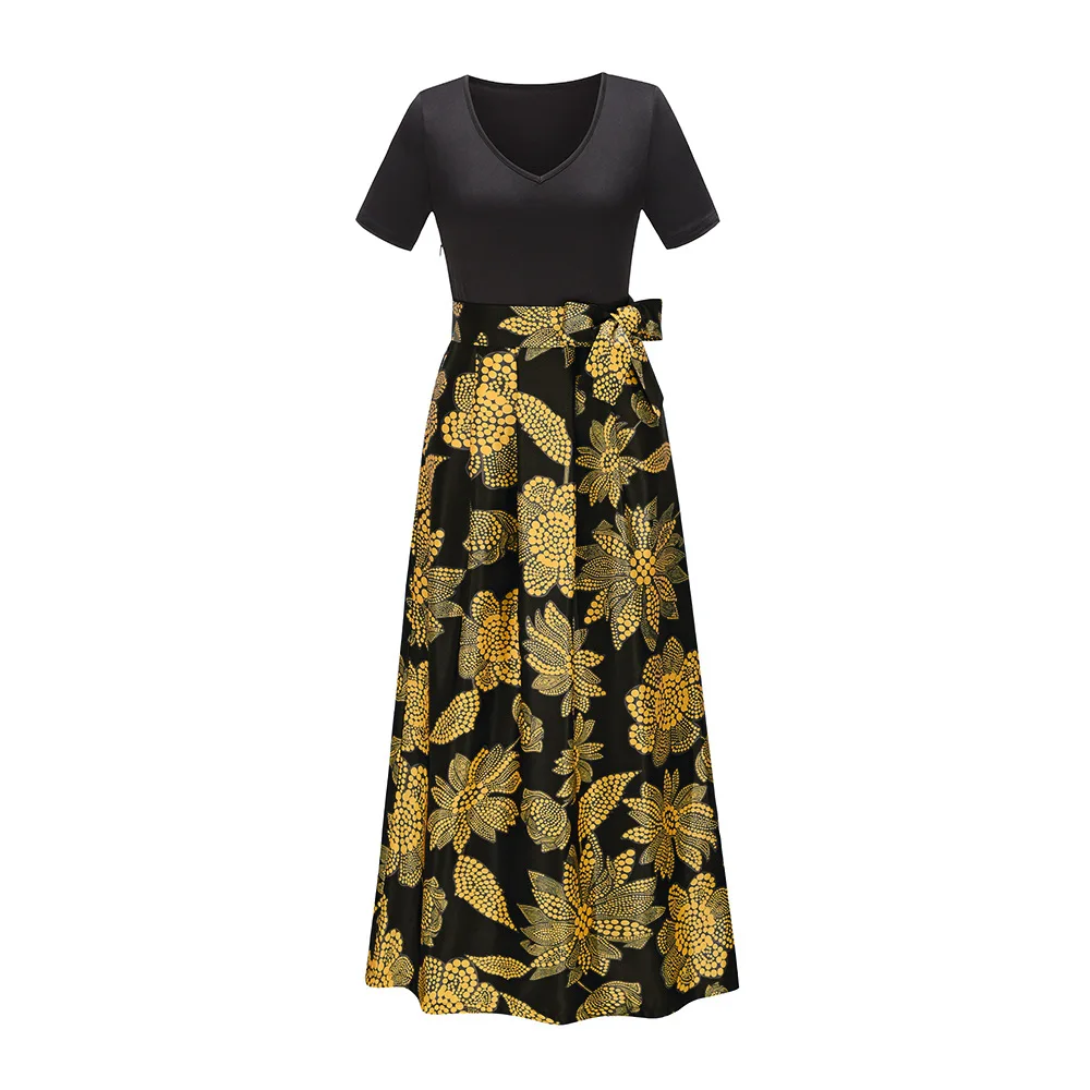 

Women Dresses Sexy V Neck Floral Print Boho Short Sleeved Dress A Line Ankle Length Dress Wrap Sundress Robe Summer 2021 New