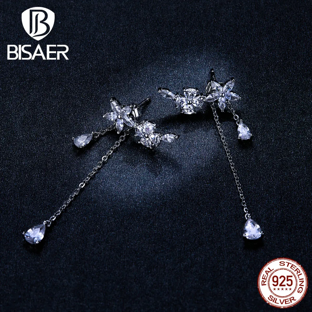 Цветущие серьги BISAER 925 пробы серебряные светящиеся Цветочные кубические циркониевые серьги-гвоздики для женщин ювелирные изделия из стерлингового серебра EFE288