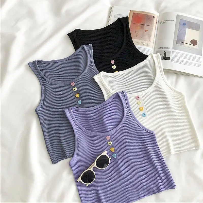 

Tank knit vest girly cute kawaii rainbow heart button purple summer female tight crop top bra all-match umbilical strap Korean