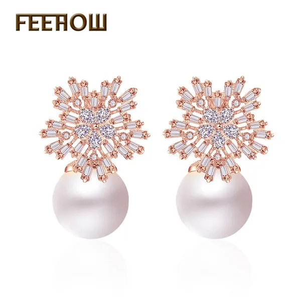 Snow Flower Rose FEEHOW модные свадебные Букле д 'ореиль ювелирные изделия элегантные циркониевые кристаллы цветок жемчужные серьги для женщин подружки невесты подарок FWEP075 - Окраска металла: Snow Flower Rose