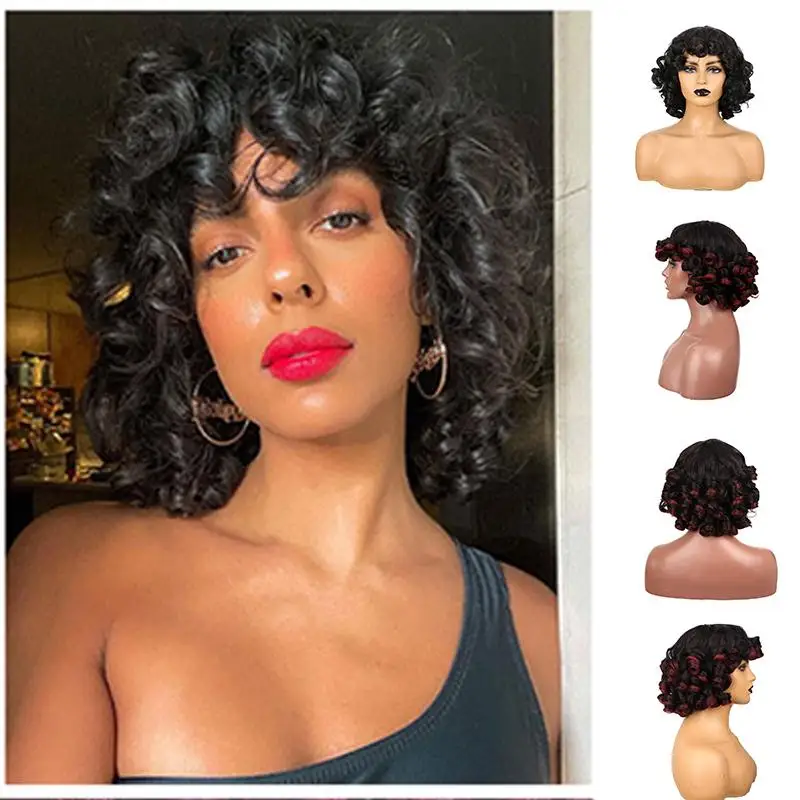 

Новый магазин наложников парик головной убор африканские маленькие вьющиеся коричневые синтетические волосы средней длины пушистые голов...