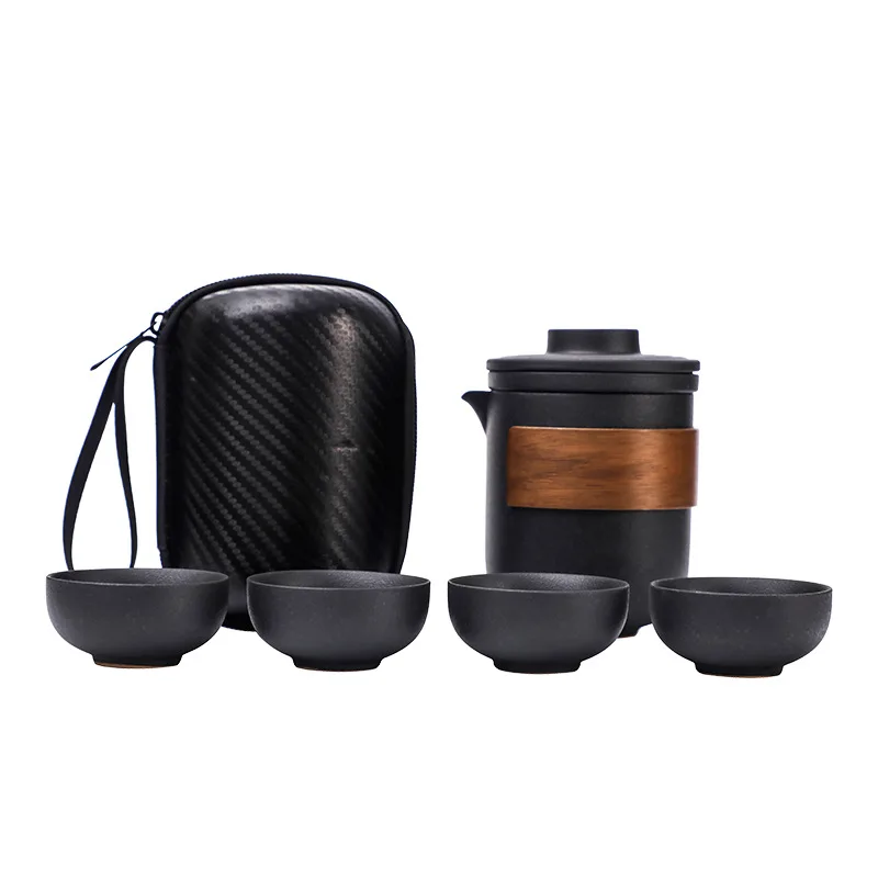 

Black Pottery Express Cup Travel Tea Set portable one pot four cups Japanese car outdoors