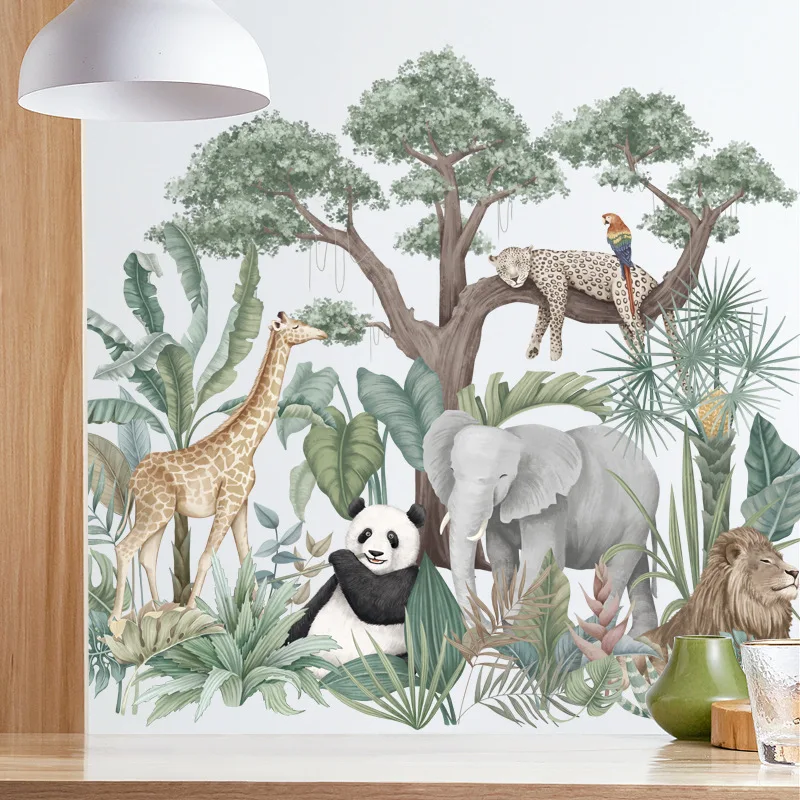 

Cartoon Tropical Rainforest Animal Wall Stickers,Elephant Panda Giraffe Nordic Plant for Kids Bedroom Kindergarten Decoration