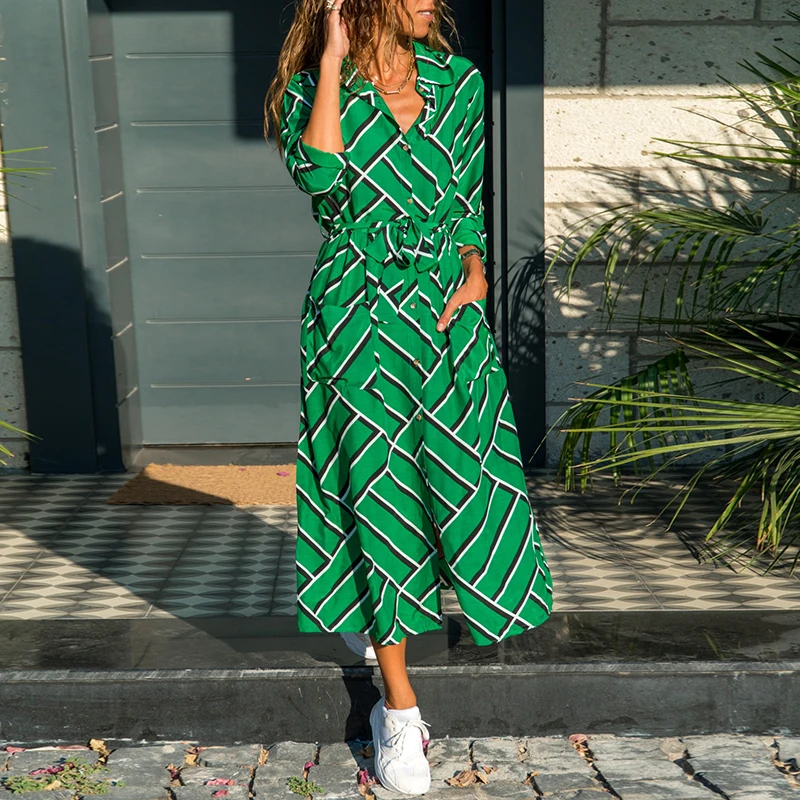 

ZOGAA New Fashion Striped Lady Shirt Dress Long Sleeve Turn Down Collar Casual Dresses Pockets Bandage Elegant Midi Dress Robe