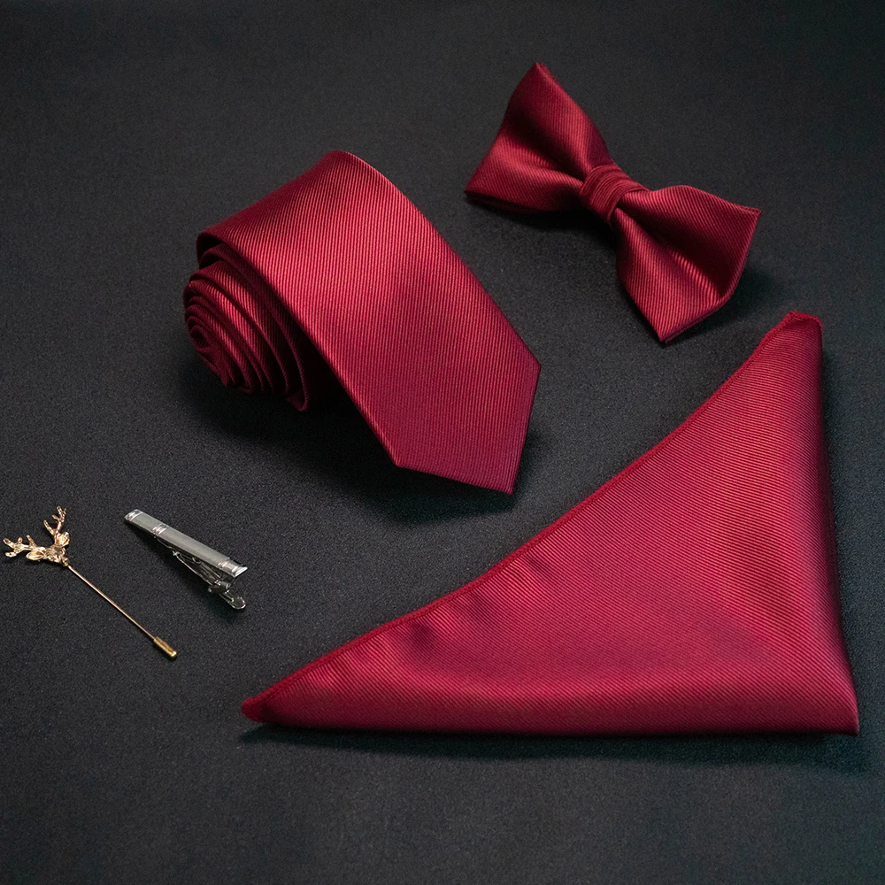 

JEMYGINS New Solid Color 6cm Silk Men Tie Set Jacquard Woven Necktie Bowtie Handkerchief pin Suit Red Green For Business