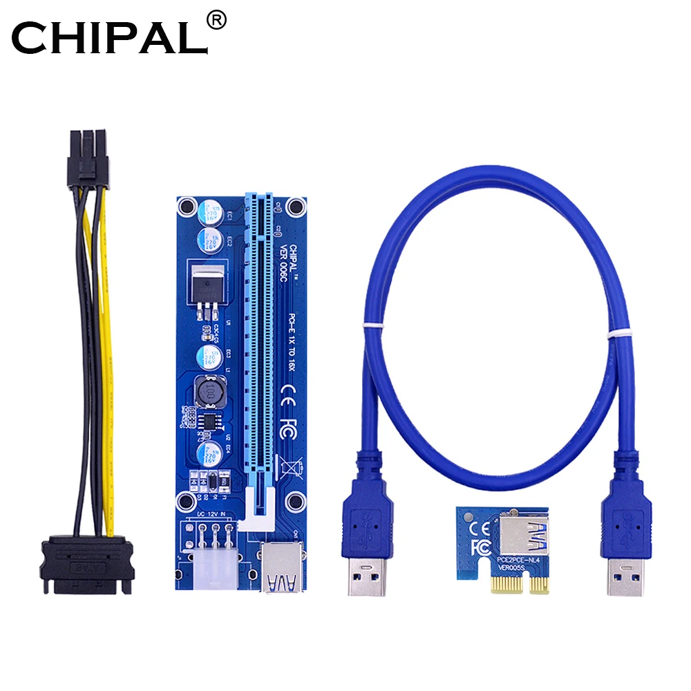 CHIPAL VER006C PCI-E Riser Card 60CM USB 3.0 Cable PCI Express PCIE 1X to 16X Extender SATA 6Pin Power for Video | Компьютеры и офис