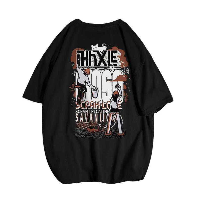 

Summer Graffiti Cotton Short-sleeved T-shirt Men's Trendy Loose Street Hip-hop Clothes Five-point Sleeves Hong Kong Style Tshirt