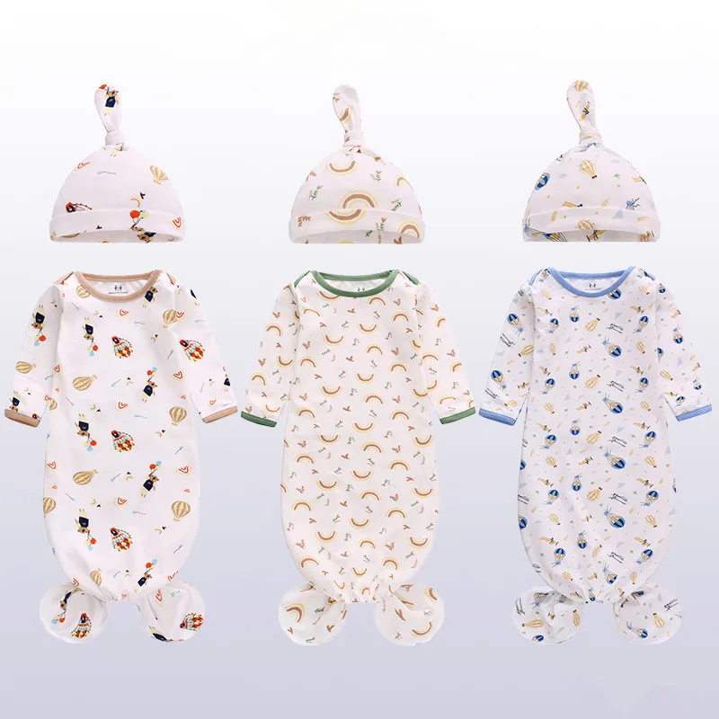

Knotted Baby Sleeping Bag Cotton Newborn Baby Sleep Clothes Long Sleeve Girl Boy Sleepwear Gowns With Hat for 0-12 Months