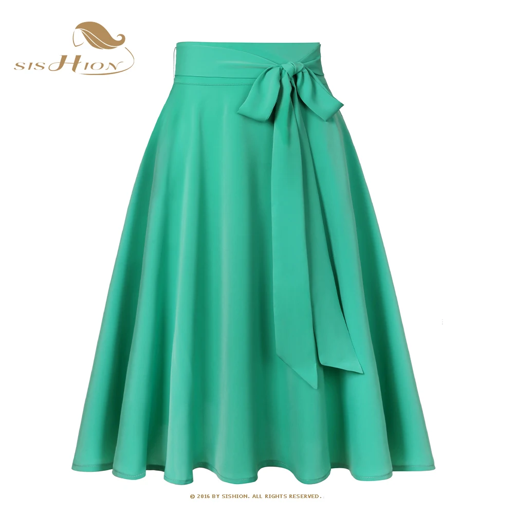 

SISHION Women Candy Color Black Green High Waist Skirts Self-Tie Bow Embellished Swing Elegant A Line Vintage Midi Skirt SS0025