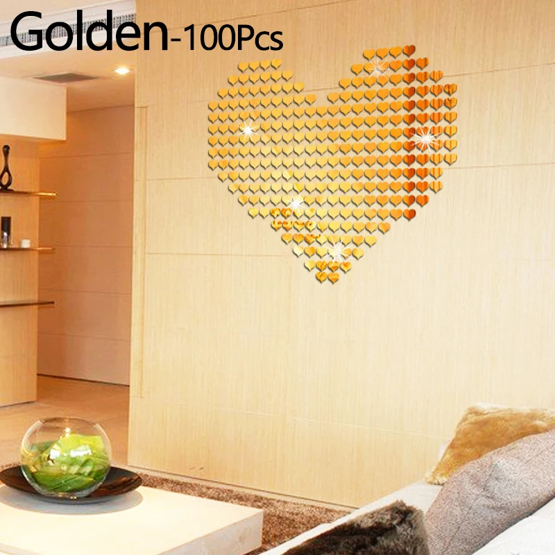 100 шт./компл. 3D зеркальная акриловая наклейка Настенная форма сердца для