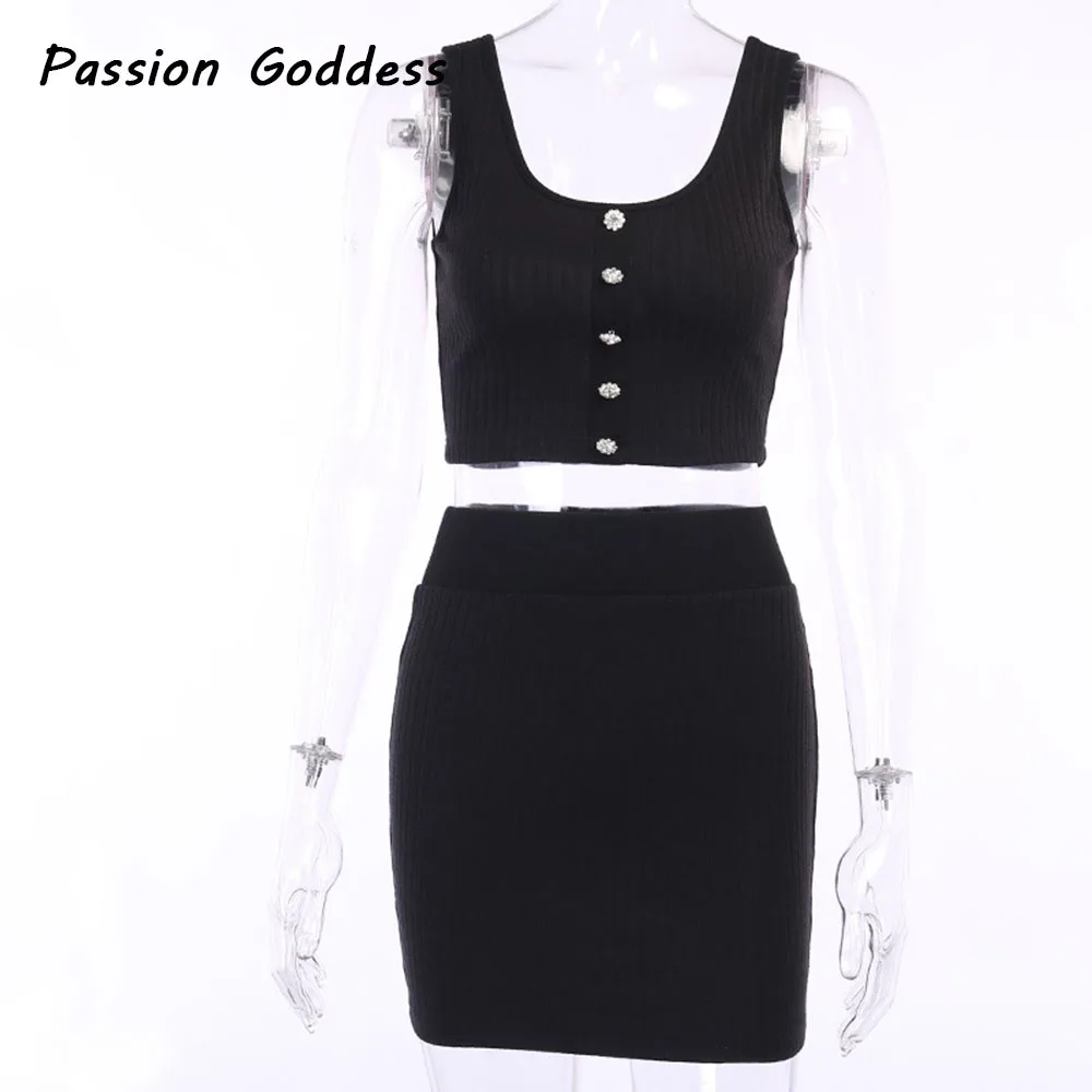 

Women 2 Piece Knit Flower Diamond Buckle Crop Tops Skirts Suit Ribbed Vest High Waist Bodycon Skirts Two Piece Set Party Outfits