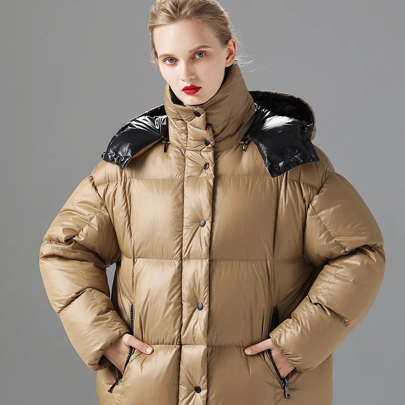 Женский пуховик с капюшоном теплый длинный на белом утином пуху защитой от ветра