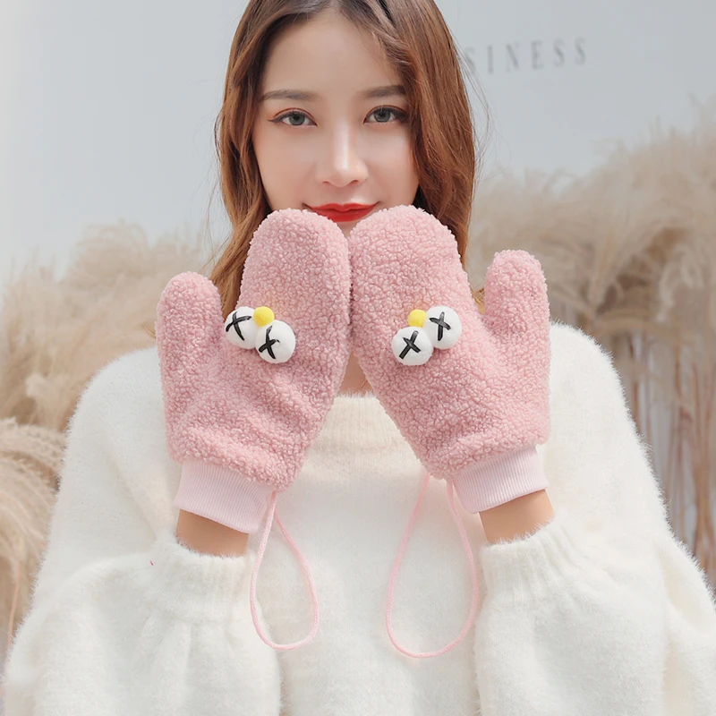 Зимние Милые Женские ветрозащитные Теплые черные меховые перчатки милые женские