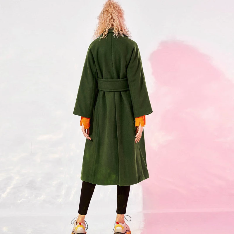 

Bella philosophy women winter solid warm woolen coats female elegant thick sashes green long coats lady turn down collar coats