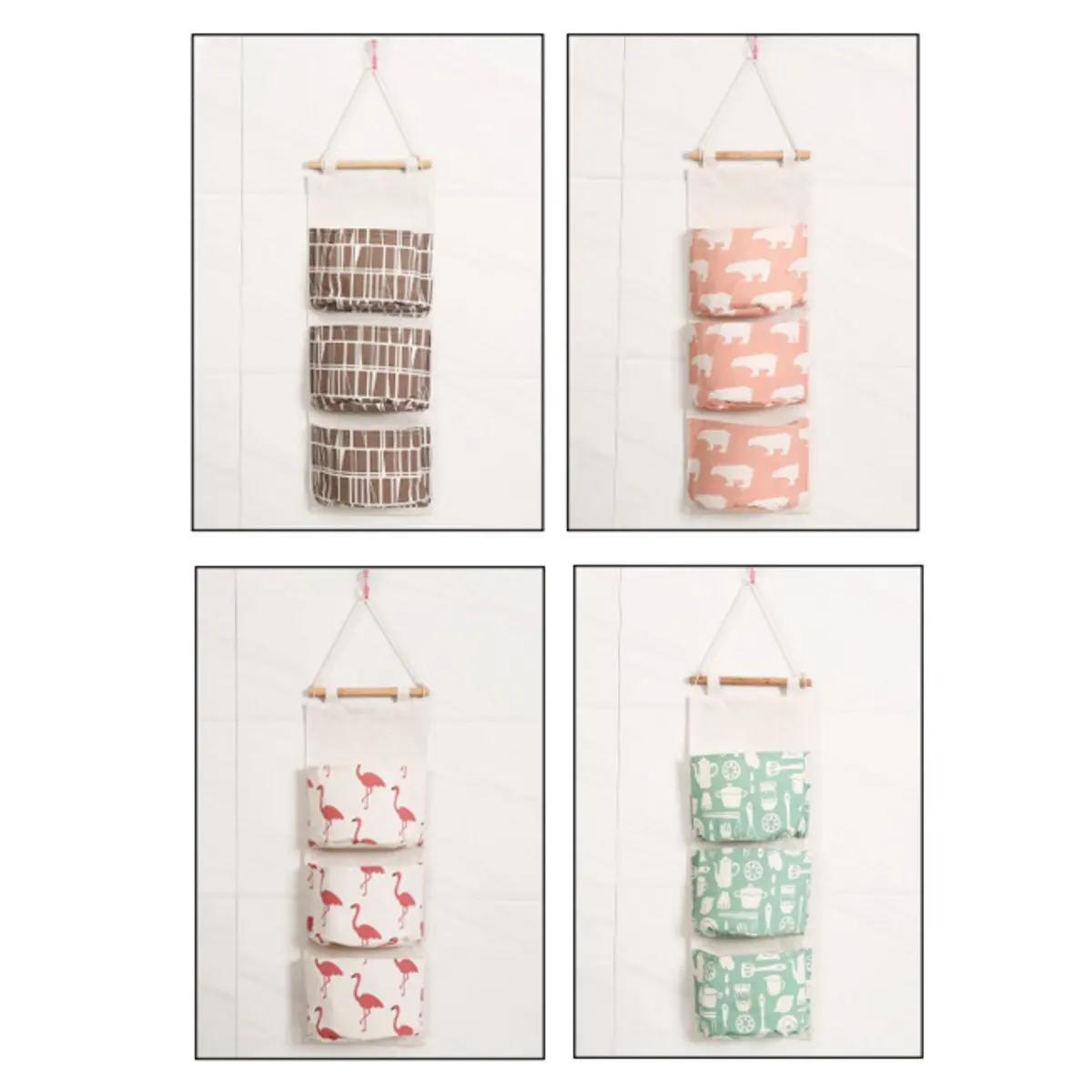 

3 Grids Wall Mounted Wardrobe Organizer Hang Bag Wall Pouch Cosmetic Closet Toys Storage Cotton Linen Wall Door Hanging Bag