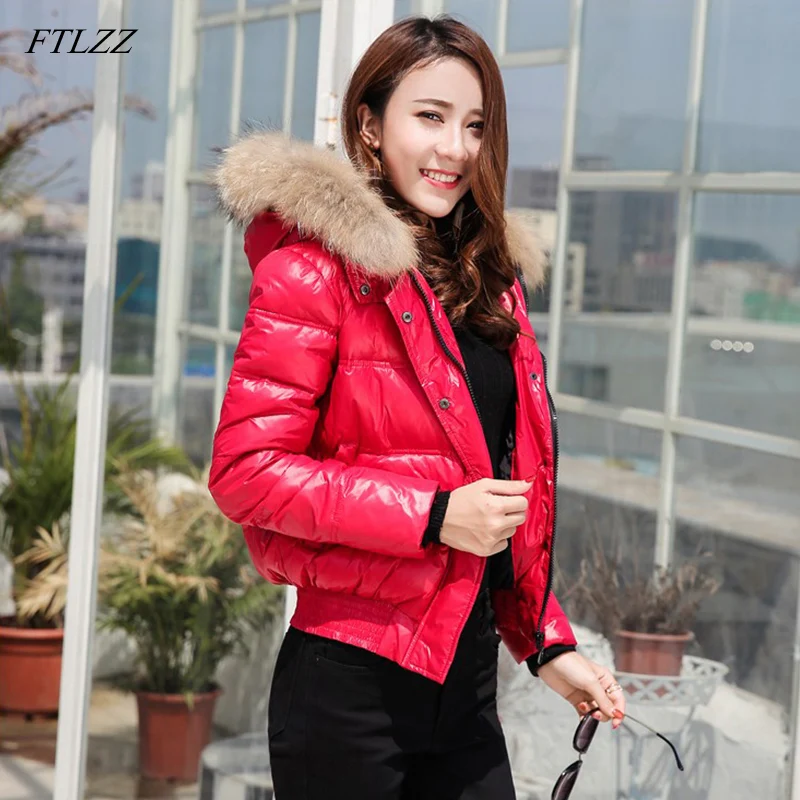 FTLZZ зимняя короткая куртка пуховик для женщин натуральный мех енота воротник с