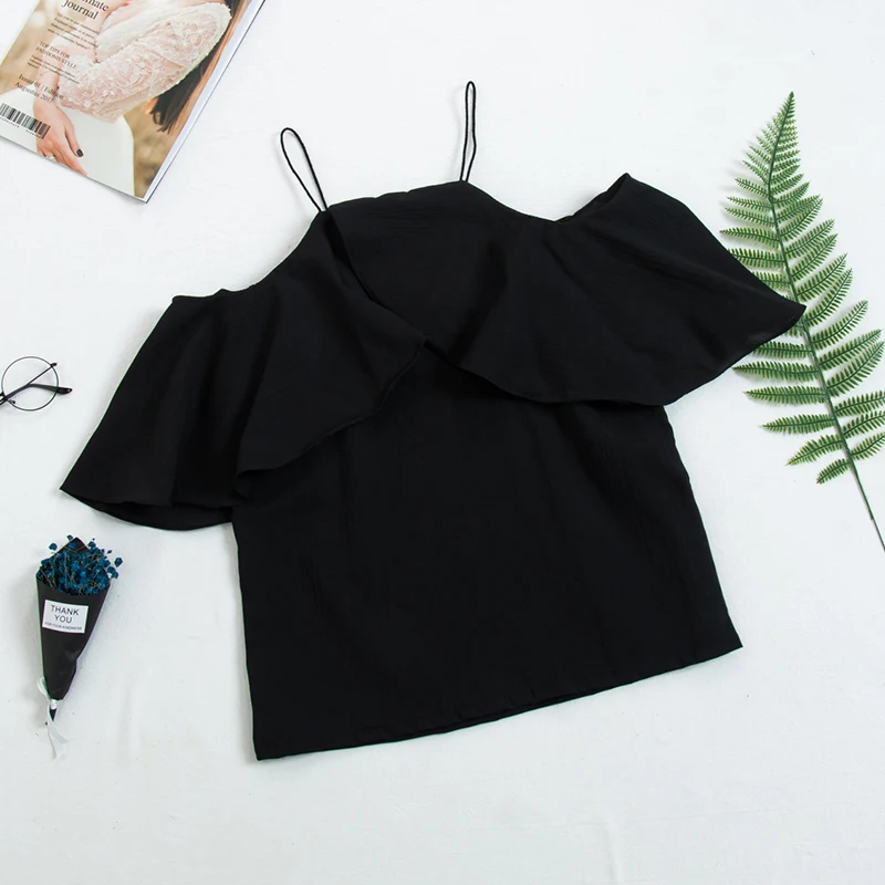 HELIAR 2019 Summer Spaghetti Tops Flounce Shoulder Blouse Plain Top Women Fashion Streetwear Female Solid Sexy Beach | Женская одежда