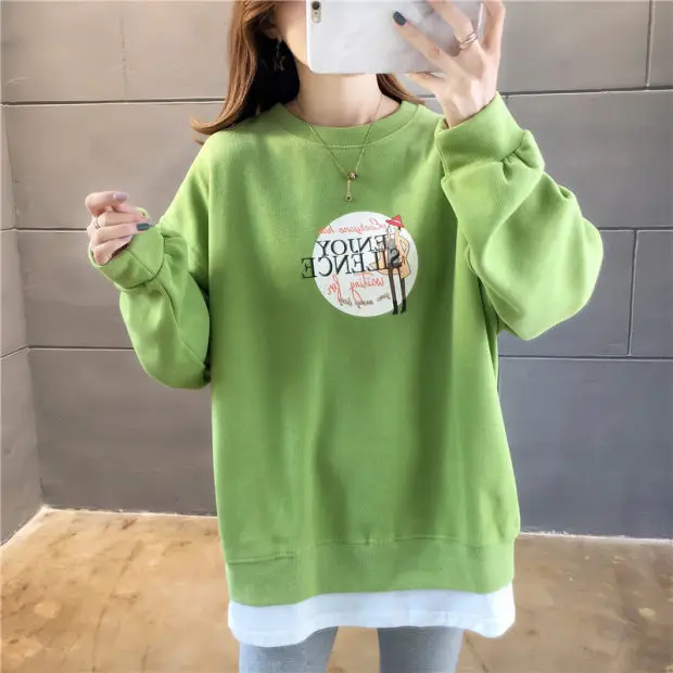 Женский пуловер с длинным рукавом корейский свободный тонкий круглым вырезом