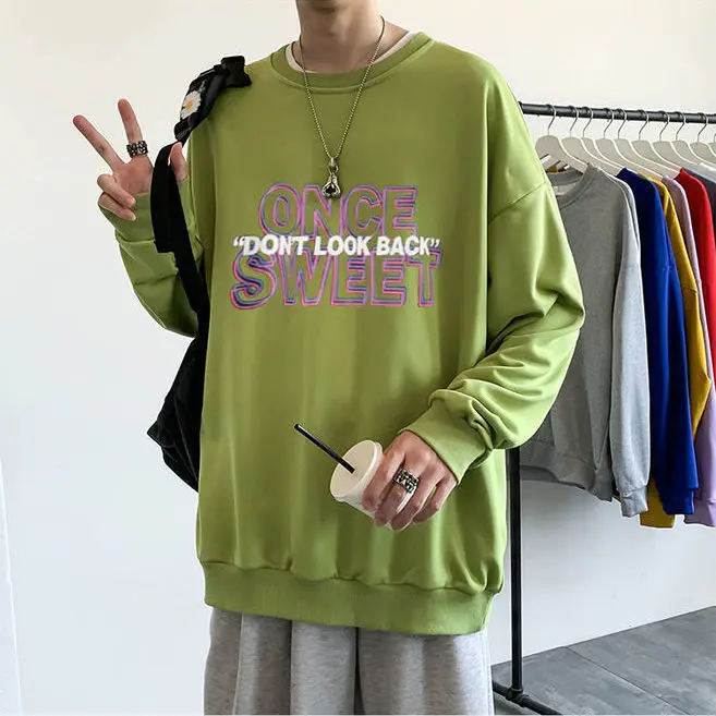 

Hong Kong Style Round Neck Sweater men's Korean loose jacket men's fashion spring and autumn long sleeve jacket men's fashion