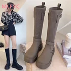 Носки и ботинки женские осенние 2021 новый стиль тонкие вязаные с пряжкой на ремешке на толстой нескользящей подошве модные Универсальные ботинки