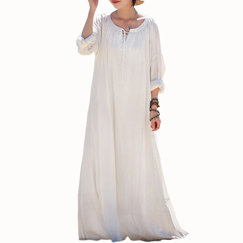 

Spring Vintage dress women white O-Neck Cotton and Linen Long sleeve dress Summer Casual Pockets Pleated long dress women