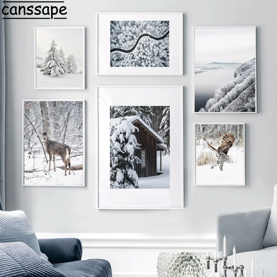 

Winter Wall Art Print Forest Snow Hill Canvas Painting Deer Poster House Art Print Modern Wall Pictures For Living Room Decor