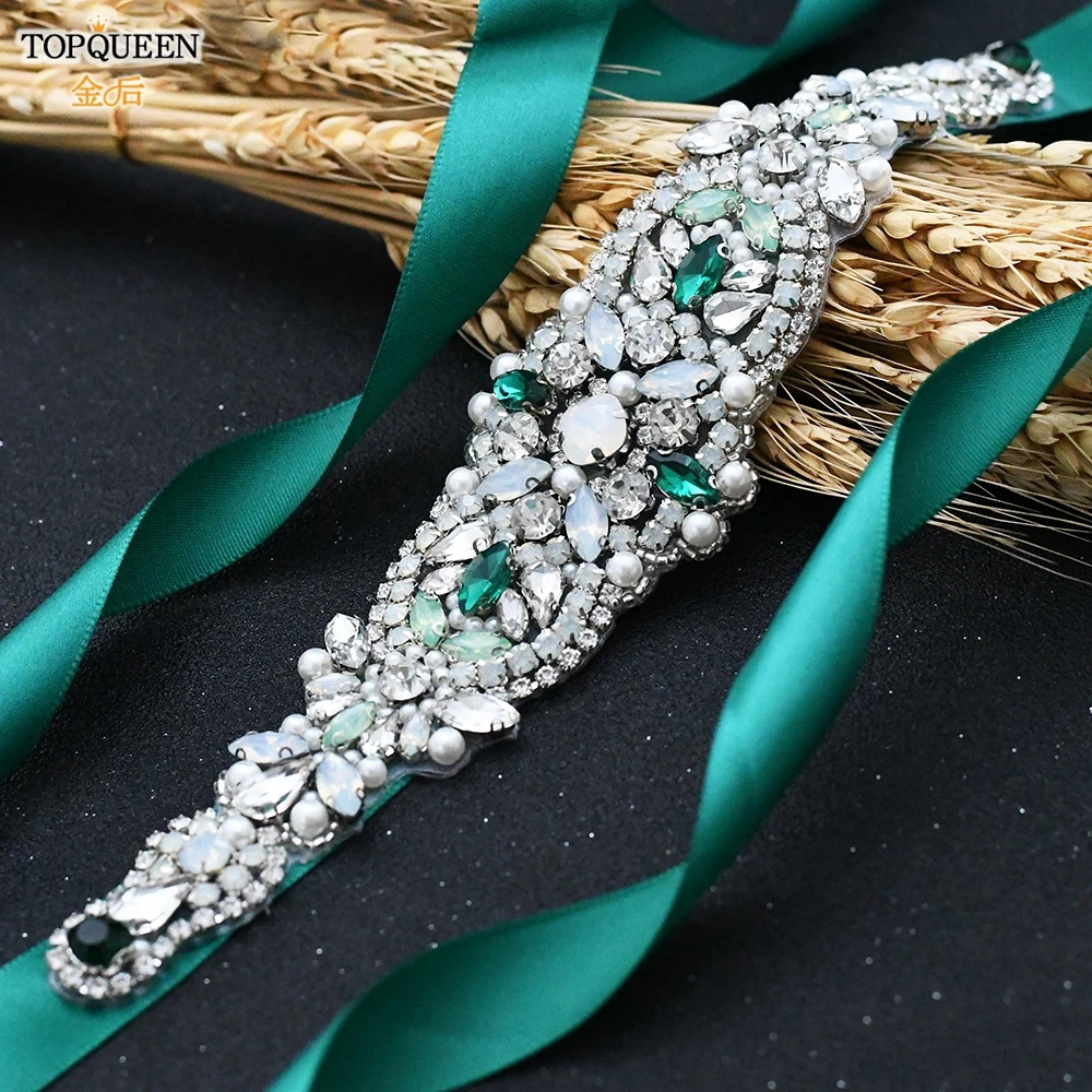 

TOPQUEEN S452 Emerald Diamond Belt Green Rhinestone Belt for Wedding Ribbon Belt Wedding Accessories Party Dress Belts Girdles