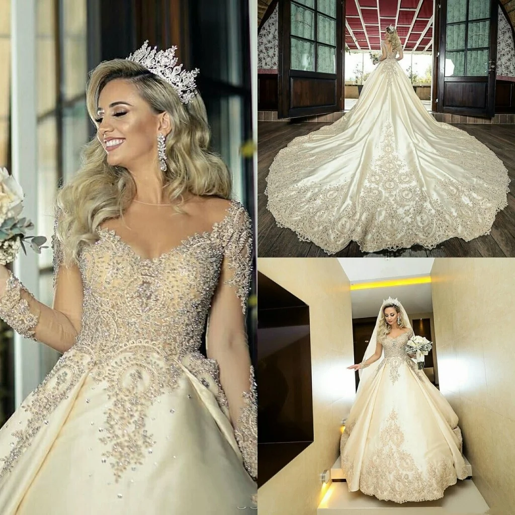 

Luxury Wedding Dresses 2021 Bridal Gowns Sheer Neck Long Sleeve Cathedral Train Crystal Beads Chapel vestidos de novia Plus Size