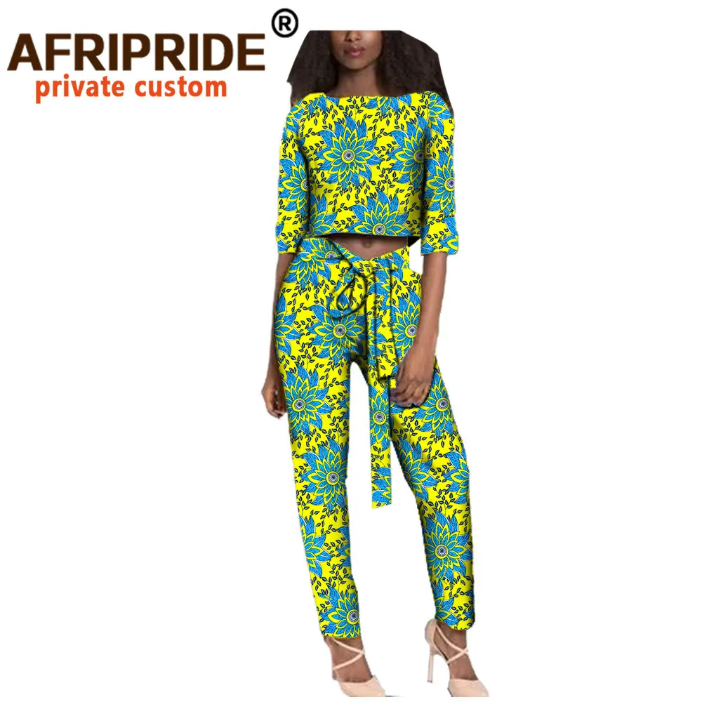 

Afrirpride, Африканский женский костюм с брюками, выполненный по индивидуальному заказу, топ с коротким рукавом и круглым вырезом + брюки до щико...
