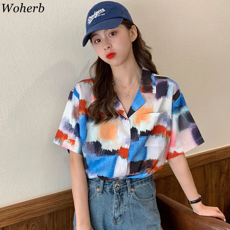 Блузка woherb Женская в клетку с принтом тай-дай Свободный Топ коротким рукавом