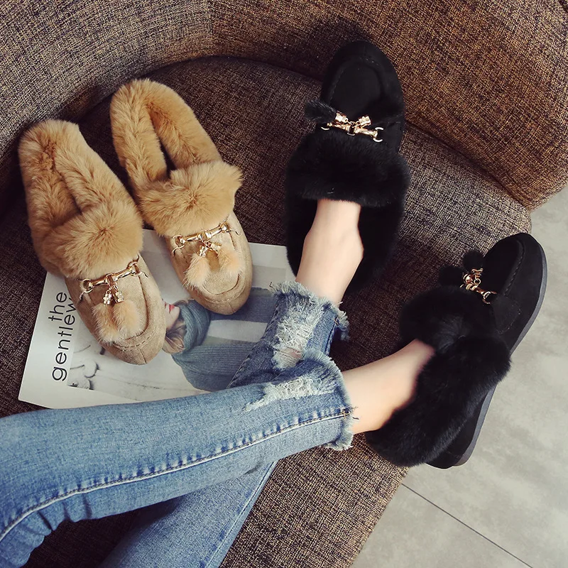 Туфли женские с кроличьим мехом лоферы на плоской подошве металлическим