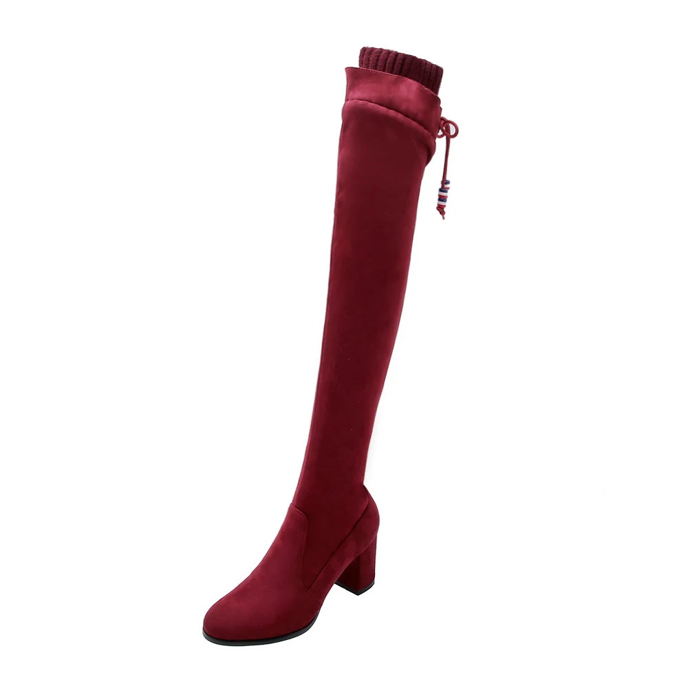 Wine red single LVABC/ г. Новые женские ботфорты из флока пикантная Осенняя женская обувь на высоком каблуке со шнуровкой зимние женские сапоги Размер 33-43 - Цвет: Wine red single