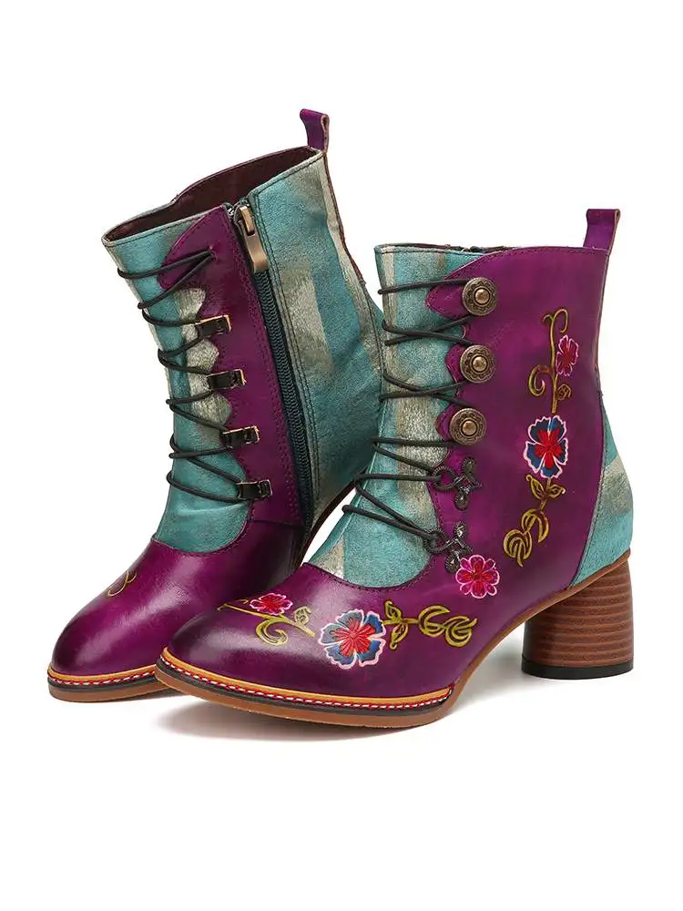 SOCOFY/женские зимние ботинки Винтажные короткие из натуральной кожи с цветочным