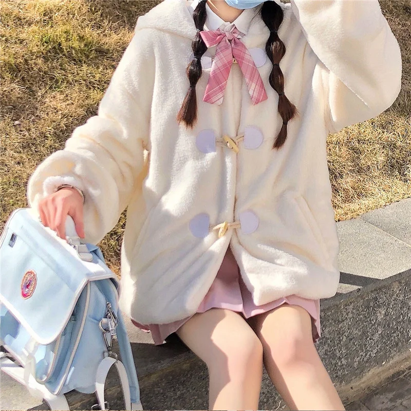 Women Faux Fur Overcoat Sweet Cute Rabbit Ears Horn Button Thicken Warm Teddy Lolita Coat Kawaii Girl Winter Plush Fluffy Jacket