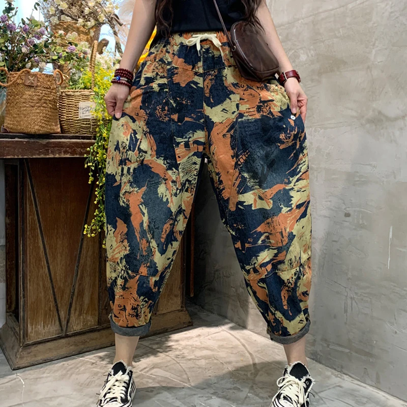 

Max LuLu Spring New 2021 Trousers Women Printing Vintage Loose Jeans Ladies Elastic Waist Denim Pants Contrast Color Pantalons