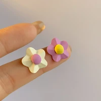 s925 needle sweet jewelry flower earrings pretty design asymmetrical purple white coating stud earrings for girl lady gifts