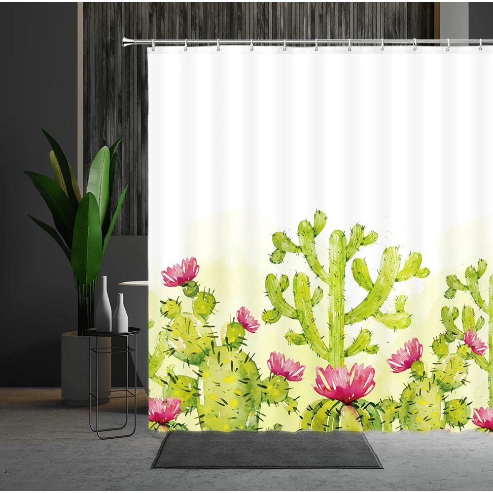 

Green Plant Shower Curtain Cactus Potted Plants Pattern Polyester Fabric Home Decor Cloth Curtain With Hooks Multiple Size