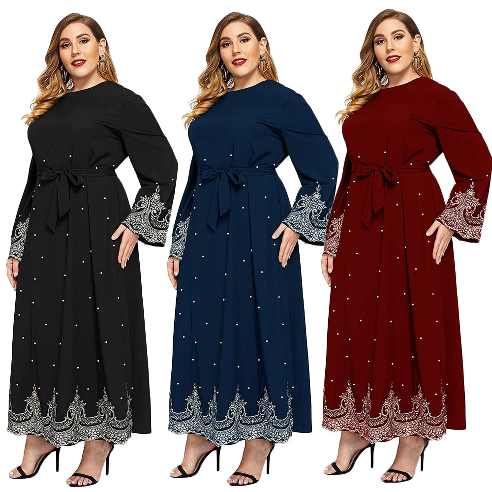

Ramadan Muslim Women Kaftan Long Sleeve Maxi Dress Plus Size Abaya Jilbab Embroidery Dubai Loose Belt Clothing Dresses Robe Gown