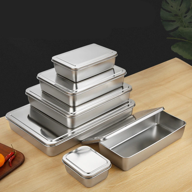 

Stainless Steel Kitchen Storage Tray with Cover Cutlery Organizer Food Serving Plates Dishes Tableware Baking Pan Bakeware