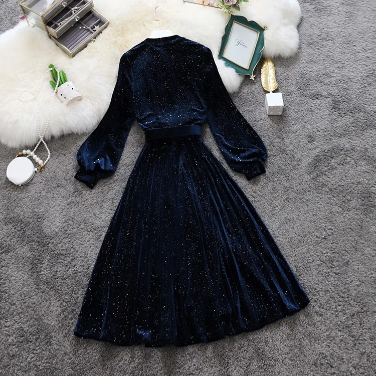 Темно-синие велюр модное женское платье шикарное с длинными рукавами-фонариками