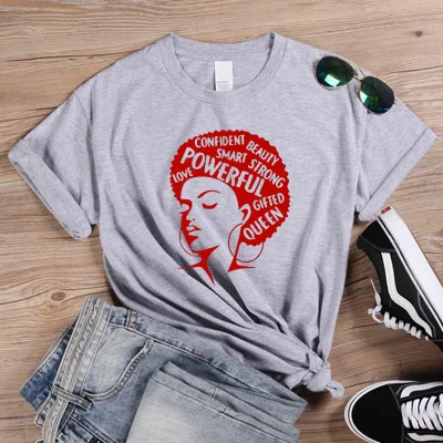 ONSEME Afro Lady Graphic футболки Женская Феминистская футболка Девушка сила королева лето черный розовый Женская футболка Эстетическая одежда Q-882 - Цвет: Gray-Red