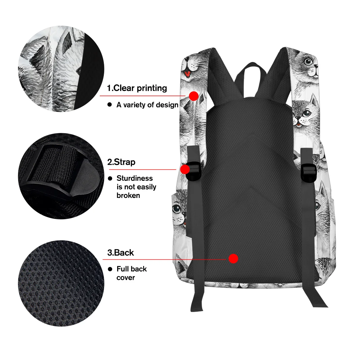 Черно-белый рюкзак с забавным мультяшным котом студенческий для ноутбука