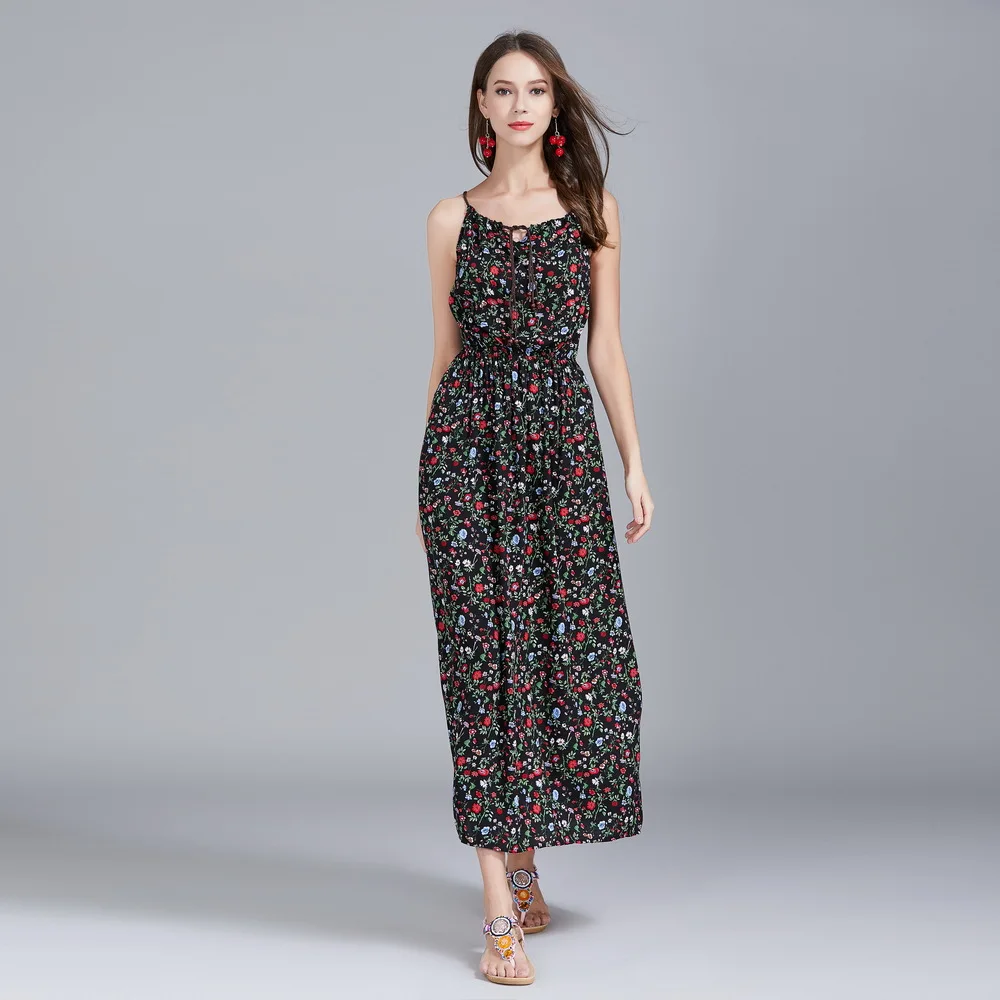 Женское пляжное платье Boollili Vestido цветочное на лямках повседневное длинное макси