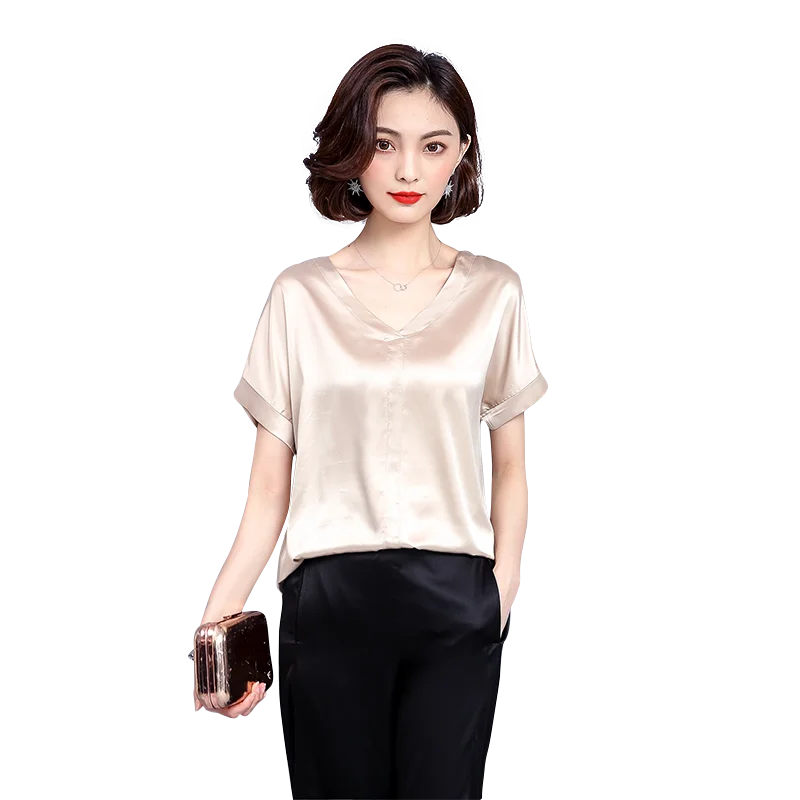 

Fashion V-neck top 2020 new women's solid color shirt high-end temperament simulation silk shirt