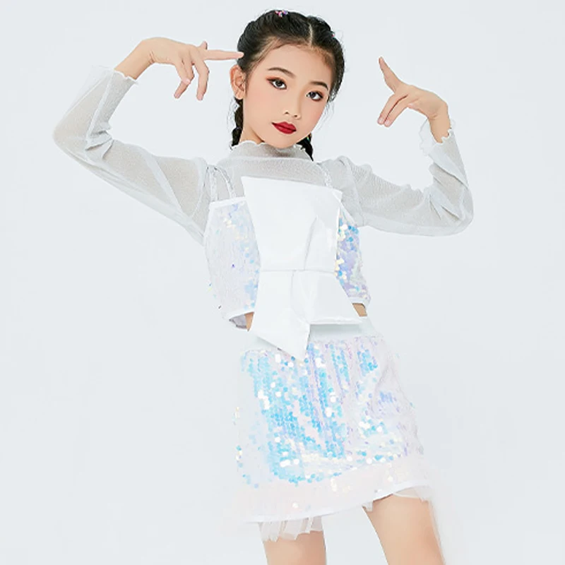 

2021 Long Sleeve Sequins Dance Costume Girls Jazz Performance Clothes Modern Hip Hop Outfit Kids Catwalk Fashion Stage Wear