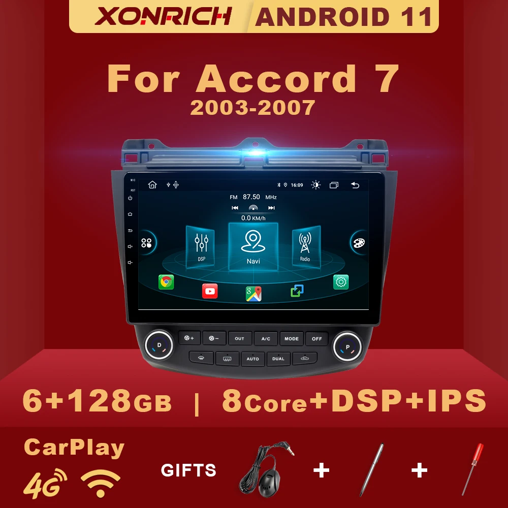 Автомобильный радиоплеер Carplay 8 Core Android 11 2 Din для Honda Accord 7 2003-2007 IPS навигация DSP 4G Wifi