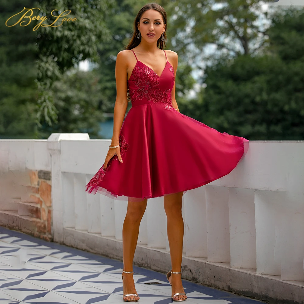 

Красное платье для встречи выпускников Berylove, ТРАПЕЦИЕВИДНОЕ коктейльное платье на бретелях-спагетти с аппликацией, платье на выпускной, ми...