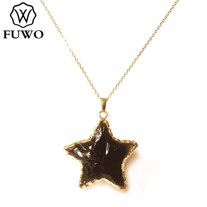 Женское Ожерелье из обсидиана FUWO ожерелье грубой пентаграммы с золотистым