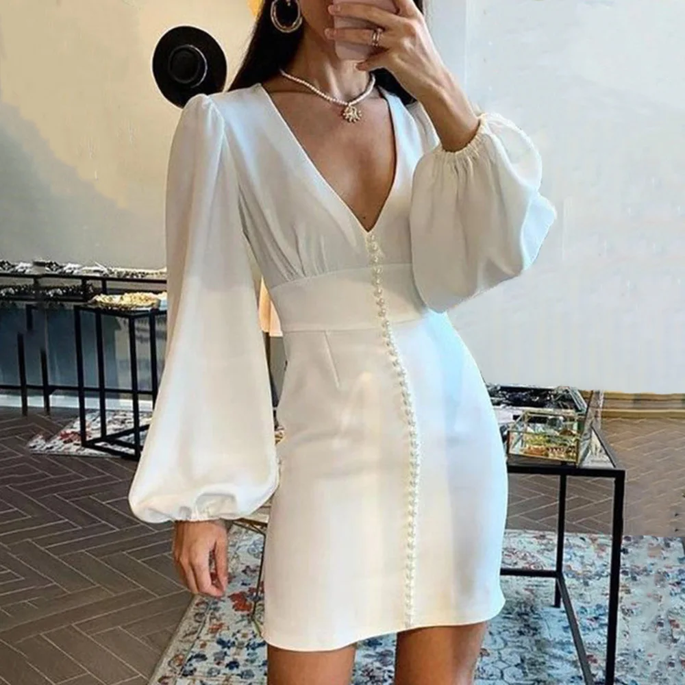 Женское сексуальное платье с v образным вырезом и рукавами фонариками на