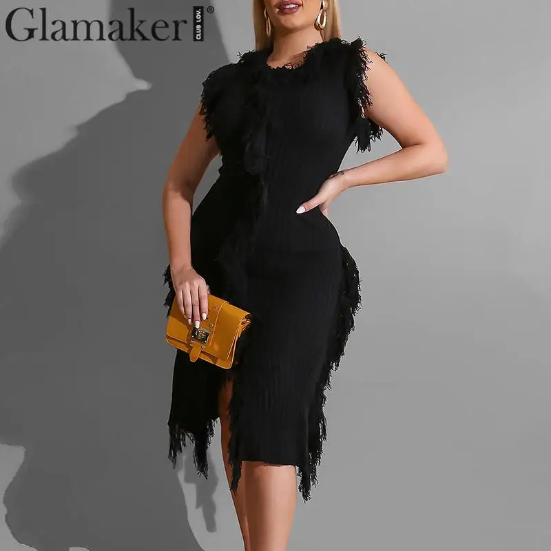 Glamaker/красное платье без рукавов с кисточками в стиле пэчворк женское длинное